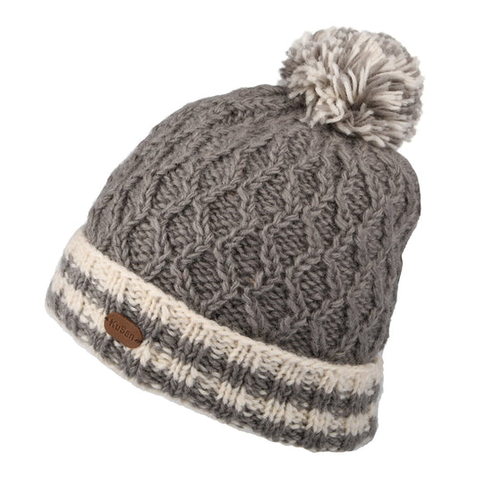 Bonnet à Pompon Maille Losange et Revers à Rayures panaché de gris KUSAN