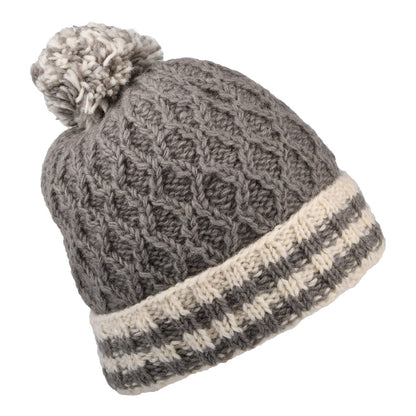 Bonnet à Pompon Maille Losange et Revers à Rayures panaché de gris KUSAN