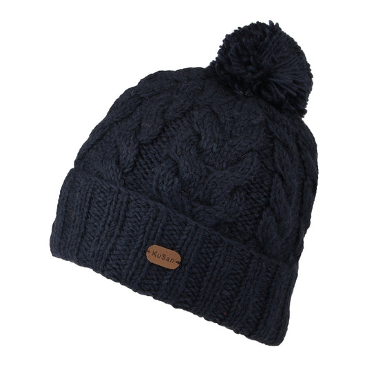 Bonnet à Pompon à Torsades à Revers bleu marine KUSAN