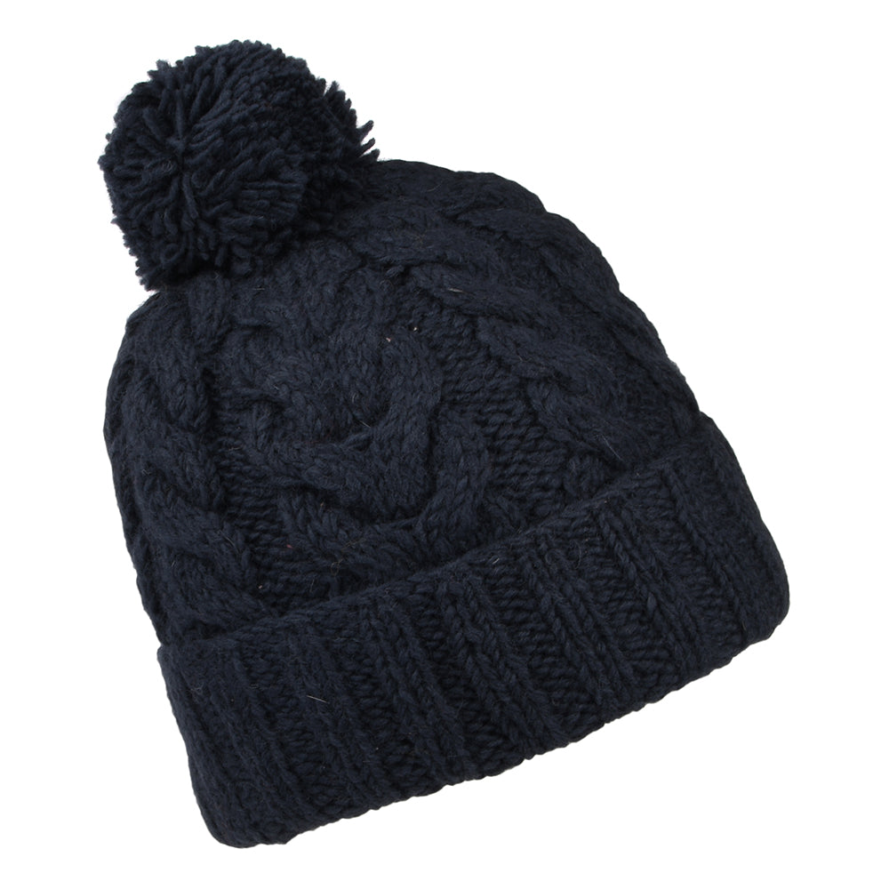 Bonnet à Pompon à Torsades à Revers bleu marine KUSAN