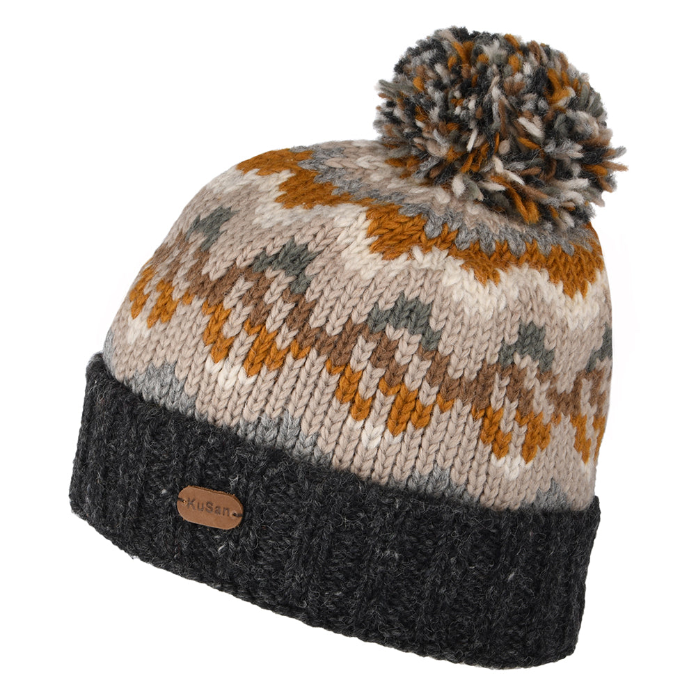 Bonnet à Pompon et à Revers Vague anthracite-gris-moutarde KUSAN